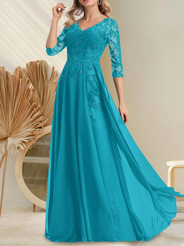 A-Linie V-Ausschnitt Bodenlanges Spitzen-Chiffon-Kleid für die Brautmutter mit Pailletten