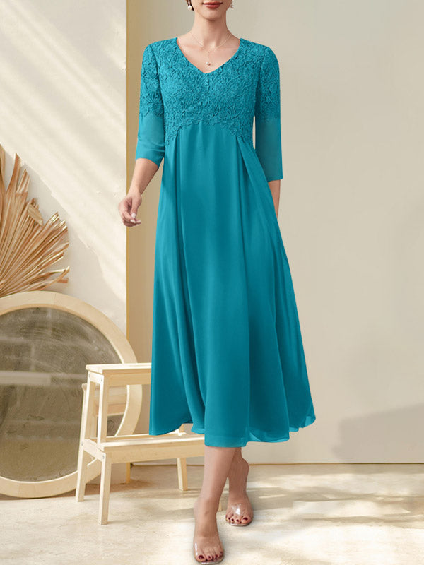 A-Linie V-Ausschnitt Wadenlang Chiffon Spitze Kleid für die Brautmutter mit Perlenbesatz