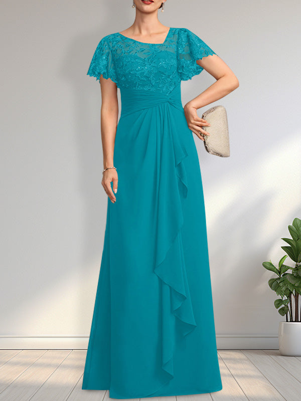 Vestido de madre de la novia de gasa con encaje, ilusión asimétrica, largo hasta el suelo, con volantes en cascada y lentejuelas.