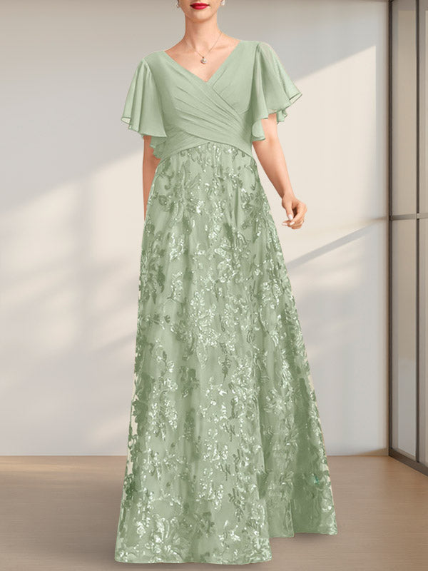 A-Linie V-Ausschnitt Bodenlang Spitze Pailletten Chiffon Mutter der Braut Kleid Mit Plissee