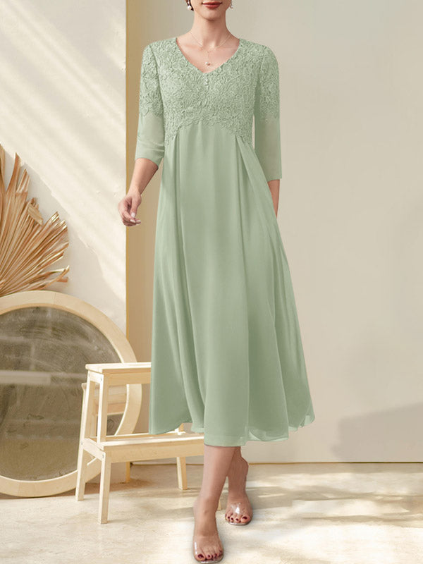A-Linie V-Ausschnitt Wadenlang Chiffon Spitze Kleid für die Brautmutter mit Perlenbesatz