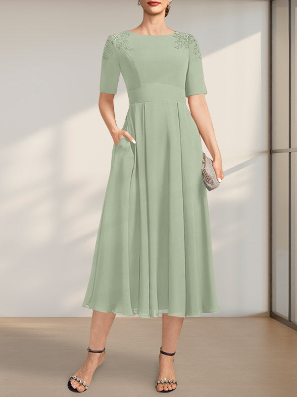 A-line Scoop Tea-Length Chiffon Mother of the Bride Dress With Appliques Lace Sequins