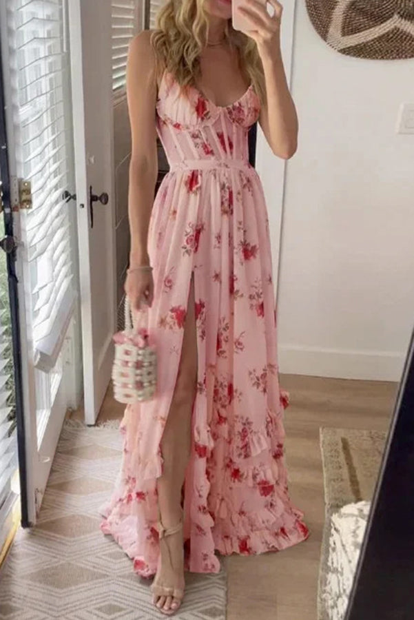 Palace Fairy Maxikleid mit Blumenkorsett und Rüschen und Schlitz