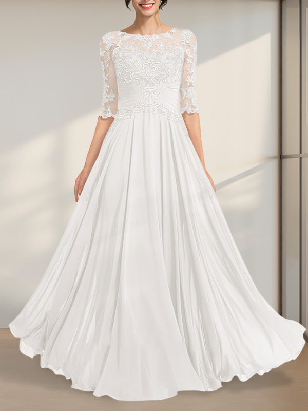 Vestido de gasa de encaje con escote en A y ilusión hasta el suelo para madre de la novia con lentejuelas plisadas