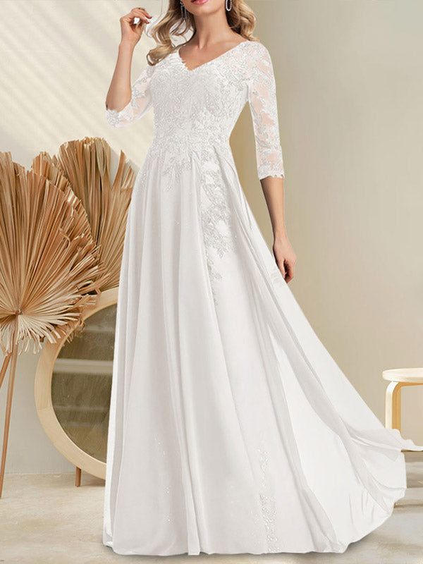 A-Linie V-Ausschnitt Bodenlanges Spitzen-Chiffon-Kleid für die Brautmutter mit Pailletten