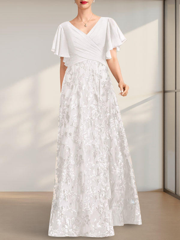 A-Linie V-Ausschnitt Bodenlang Spitze Pailletten Chiffon Mutter der Braut Kleid Mit Plissee