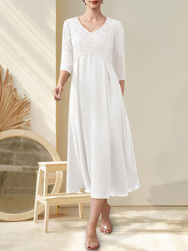 A-Linie V-Ausschnitt Wadenlang Chiffon Spitze Kleid für die Brautmutter mit Perlenbesatz