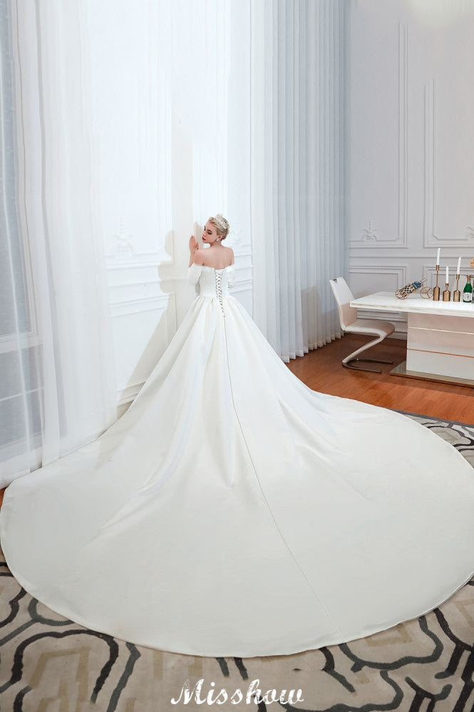 3/4-Ärmel Off-the-Shoulder Ballkleid Weißes Aline Brautkleid