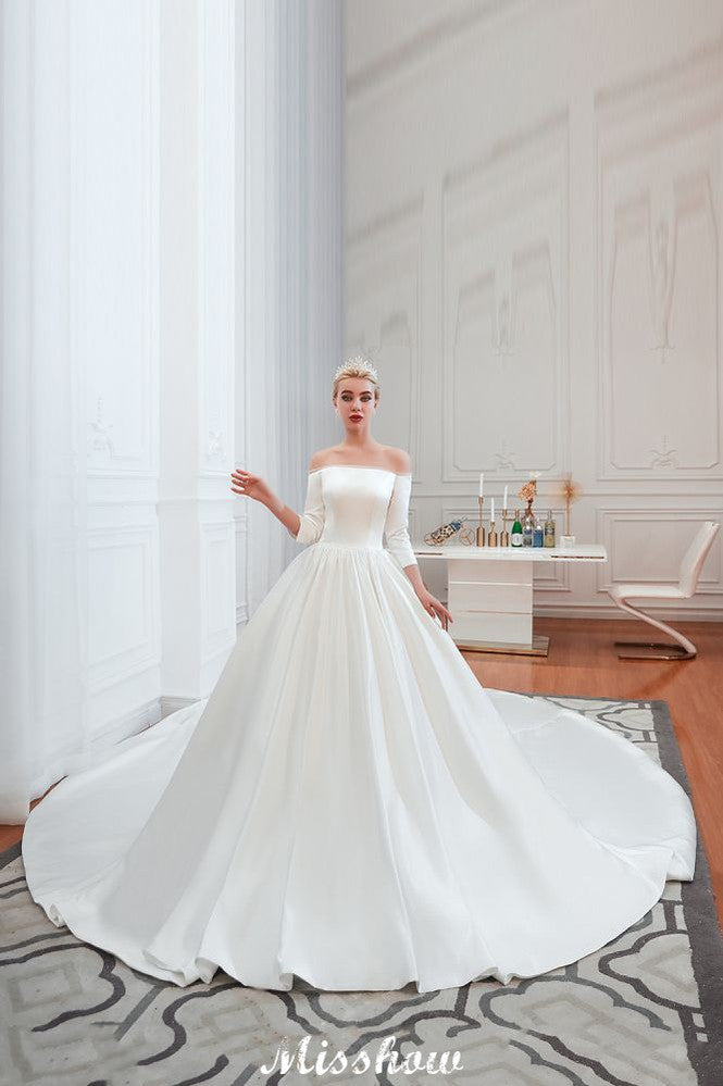 3/4-Ärmel Off-the-Shoulder Ballkleid Weißes Aline Brautkleid