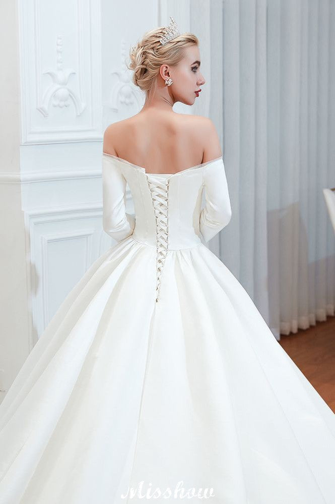 3/4-Ärmel Off-the-Shoulder Ballkleid Weißes Aline Brautkleid