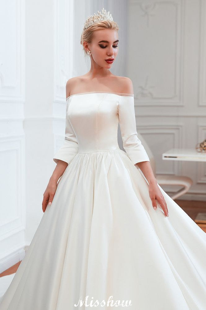 3/4-Ärmel Off-the-Shoulder Ballkleid Weißes Aline Brautkleid