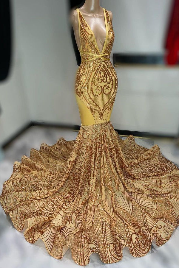 Off The Shoulder Sleeveless Dark Gold Sequins Prom Dress with Appliques V Neck