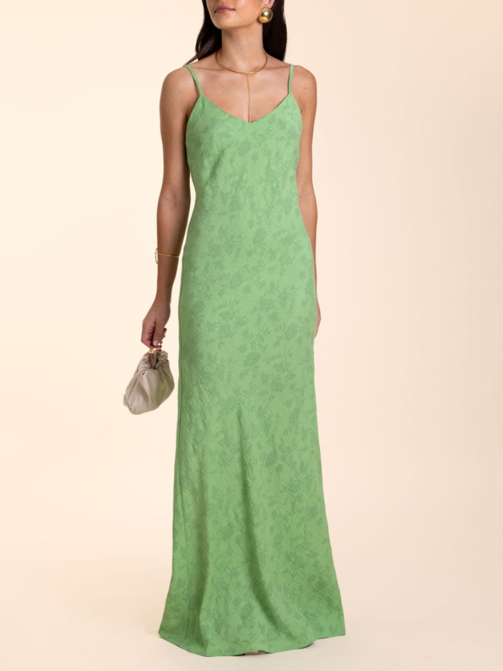 Elegantes limettengrünes Jacquard-Maxikleid mit V-Ausschnitt