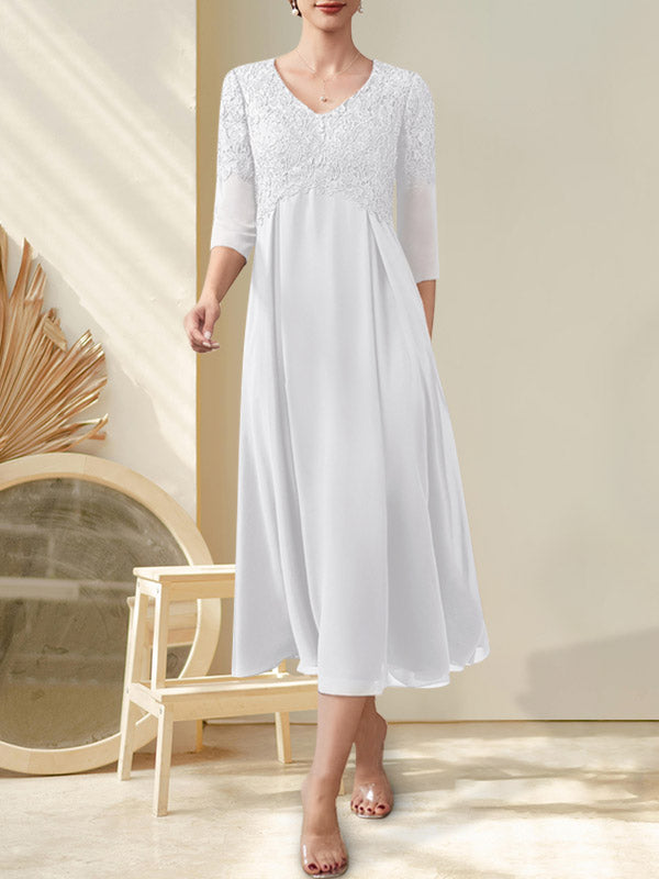 A-Linie V-Ausschnitt Wadenlang Chiffon Spitze Kleid für die Brautmutter mit Perlenbesatz