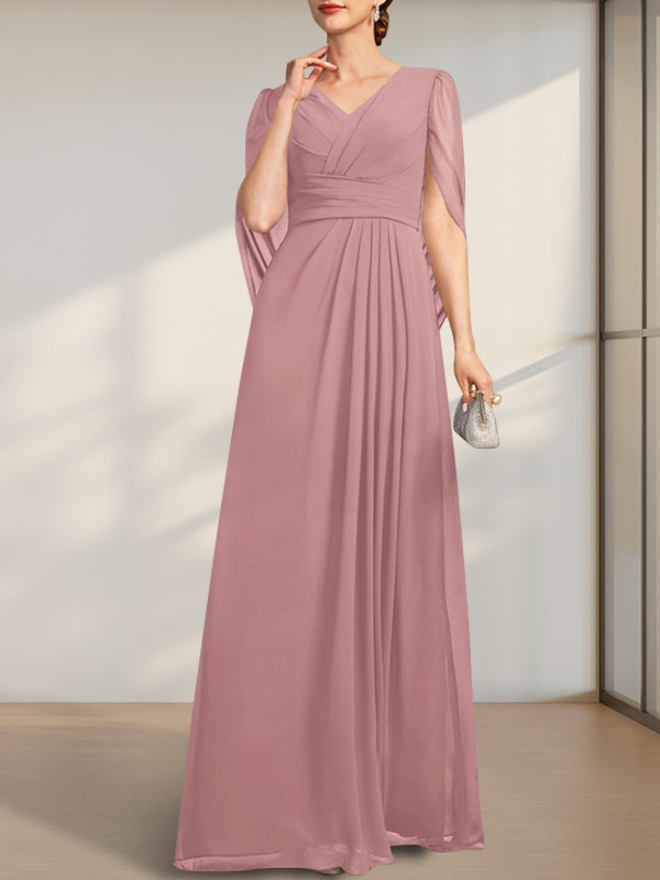 A-Linie V-Ausschnitt Bodenlang Chiffon Kleid für die Brautmutter mit Plissee
