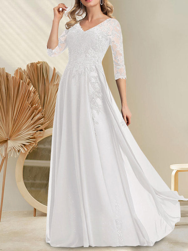 A-Linie V-Ausschnitt Bodenlanges Spitzen-Chiffon-Kleid für die Brautmutter mit Pailletten