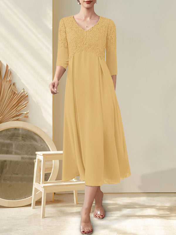 A-Linie V-Ausschnitt Wadenlang Chiffon Spitze Kleid für die Brautmutter mit Perlenbesatz