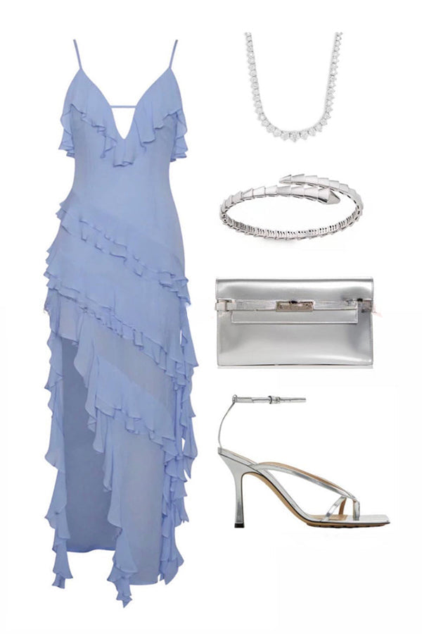Can't Escape Love – Chiffon-Maxikleid mit mehrlagigen Rüschen und unregelmäßigem Schlitz