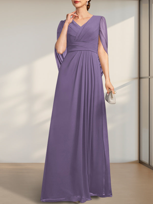 A-Linie V-Ausschnitt Bodenlang Chiffon Kleid für die Brautmutter mit Plissee