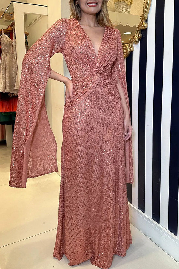 Shine Brighter – Maxi-Abendkleid mit Pailletten und Cape-Ärmeln und überkreuzter Taille