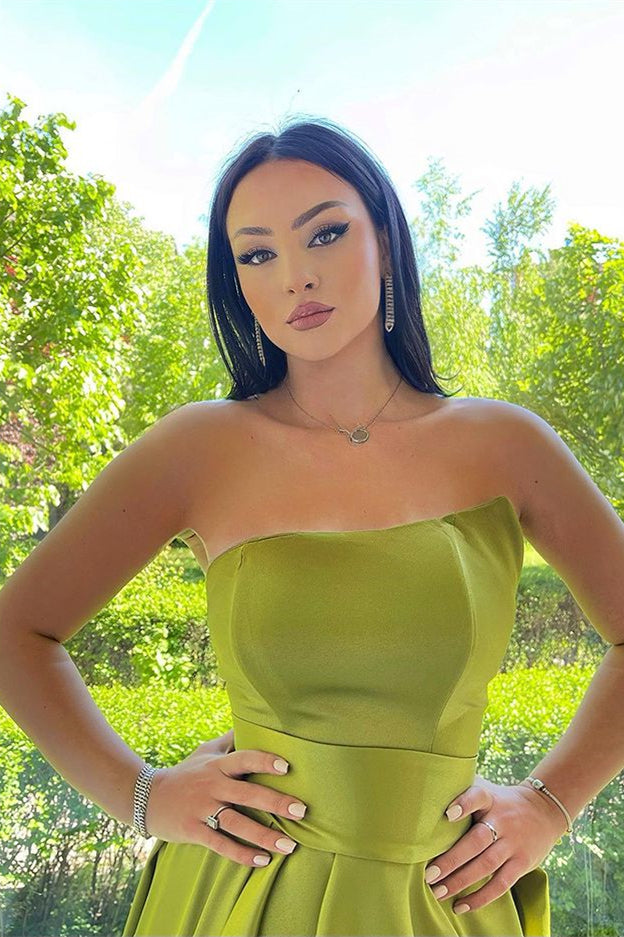 Vestidos de fiesta largos sin tirantes, corte A, de satén, con abertura frontal y bolsillos