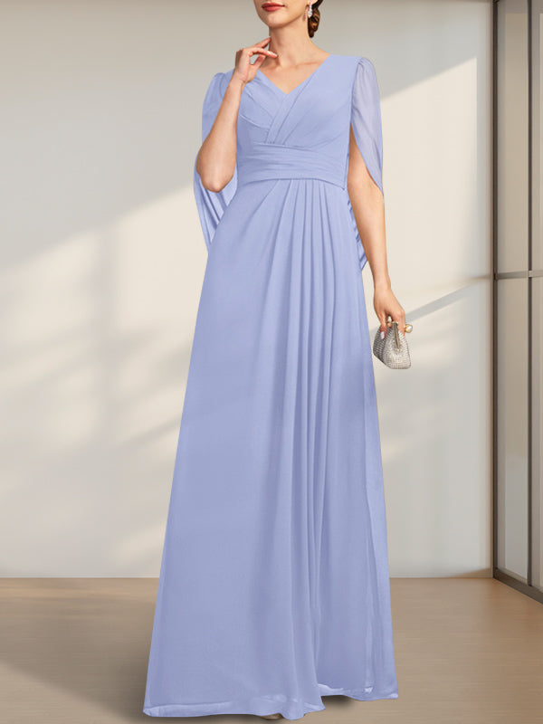 A-Linie V-Ausschnitt Bodenlang Chiffon Kleid für die Brautmutter mit Plissee