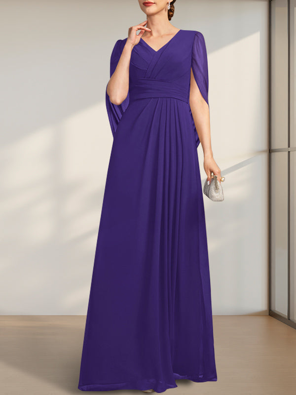 A-Linie V-Ausschnitt Bodenlang Chiffon Kleid für die Brautmutter mit Plissee