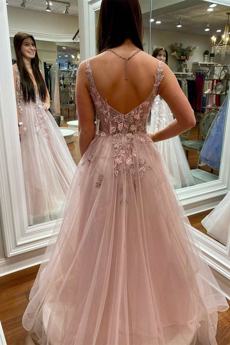 Vestido de fiesta de corte A con escote en V y espalda descubierta y encaje floral