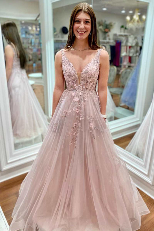 Vestido de fiesta de corte A con escote en V y espalda descubierta y encaje floral