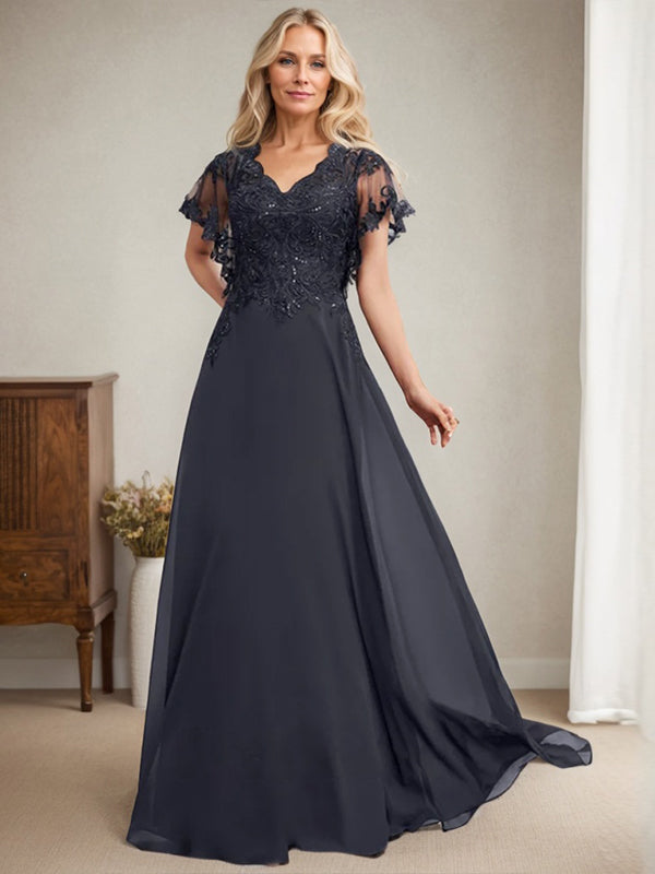A-Linie V-Ausschnitt Bodenlanges Spitzen-Chiffon-Kleid für die Brautmutter mit Pailletten