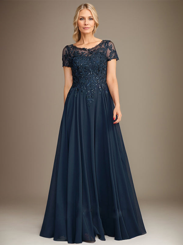 Vestido de gasa para madre de la novia, corte A, largo hasta el suelo, con apliques y lentejuelas