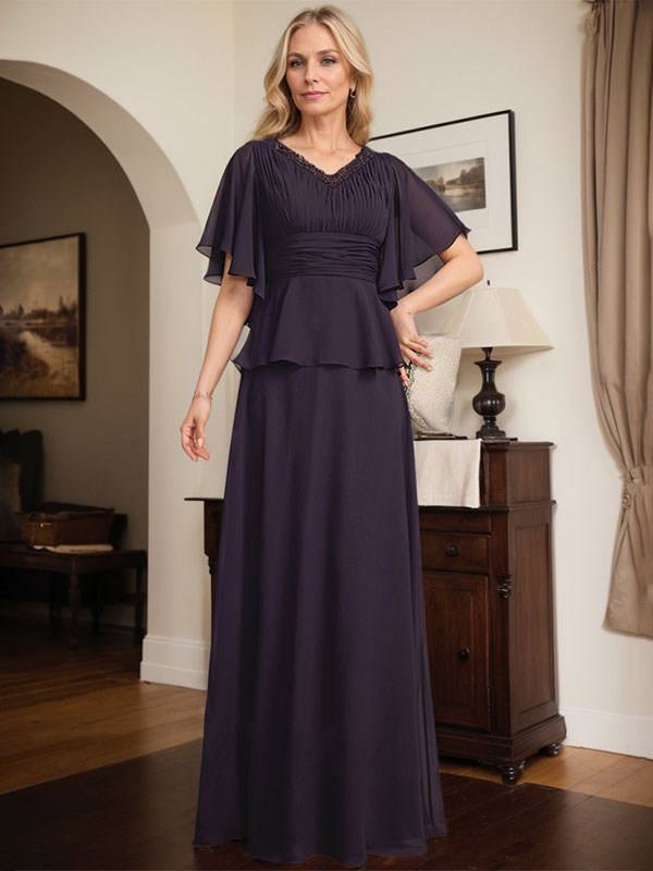 A-Linie, V-Ausschnitt, bodenlanges Chiffonkleid für die Brautmutter mit plissierter Perlenstickerei