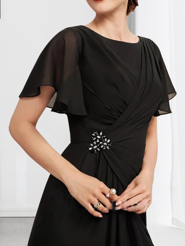Vestido de gasa para madre de la novia con corte en A, escote redondo y largo hasta los tobillos, plisado con cuentas