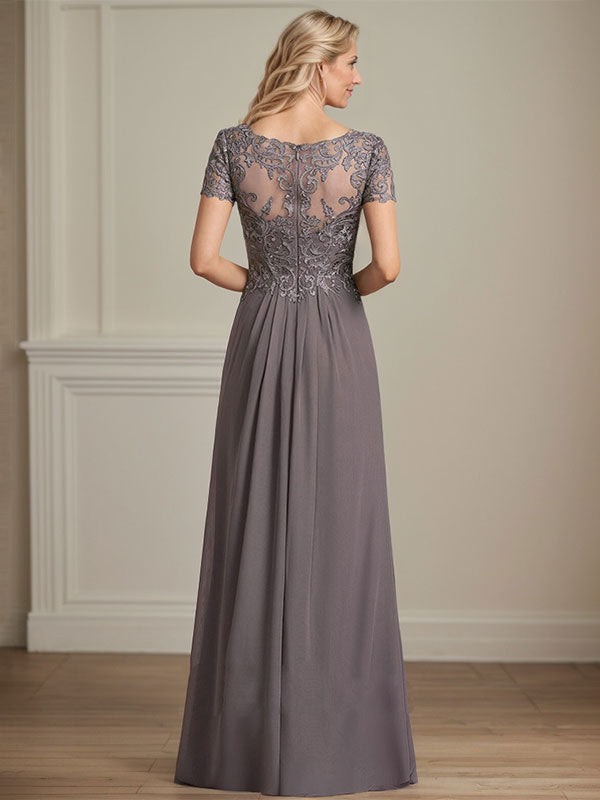 A-Linie V-Ausschnitt Bodenlanges Chiffon-Spitzenkleid für die Brautmutter