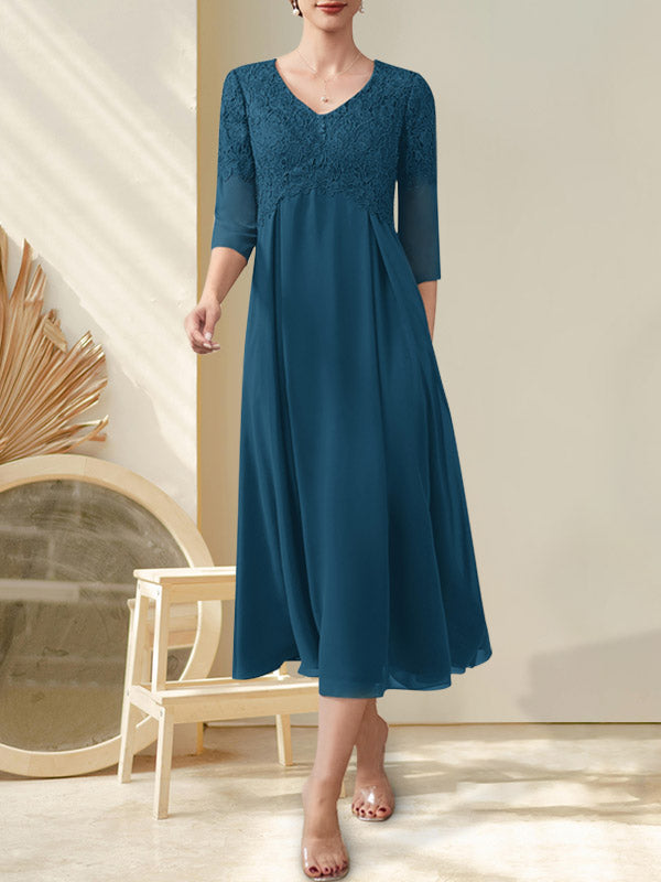 A-Linie V-Ausschnitt Wadenlang Chiffon Spitze Kleid für die Brautmutter mit Perlenbesatz