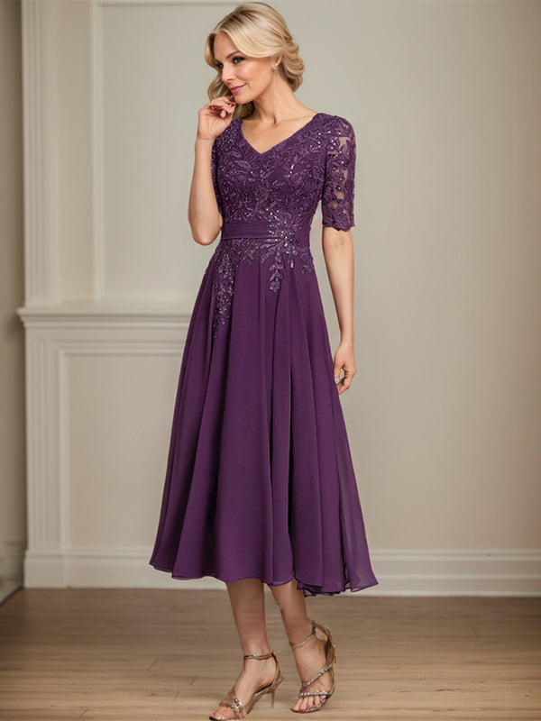A-Linie V-Ausschnitt Wadenlanges Spitzen-Chiffon-Kleid für die Brautmutter mit Pailletten