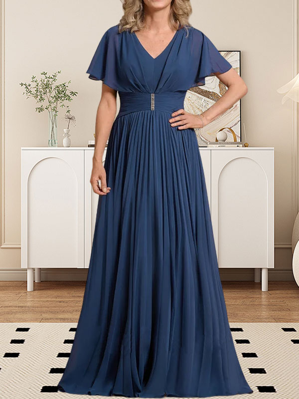 A-Linie V-Ausschnitt Bodenlang Chiffon Mutter der Braut Kleid Mit Kristall Brosche Plissee
