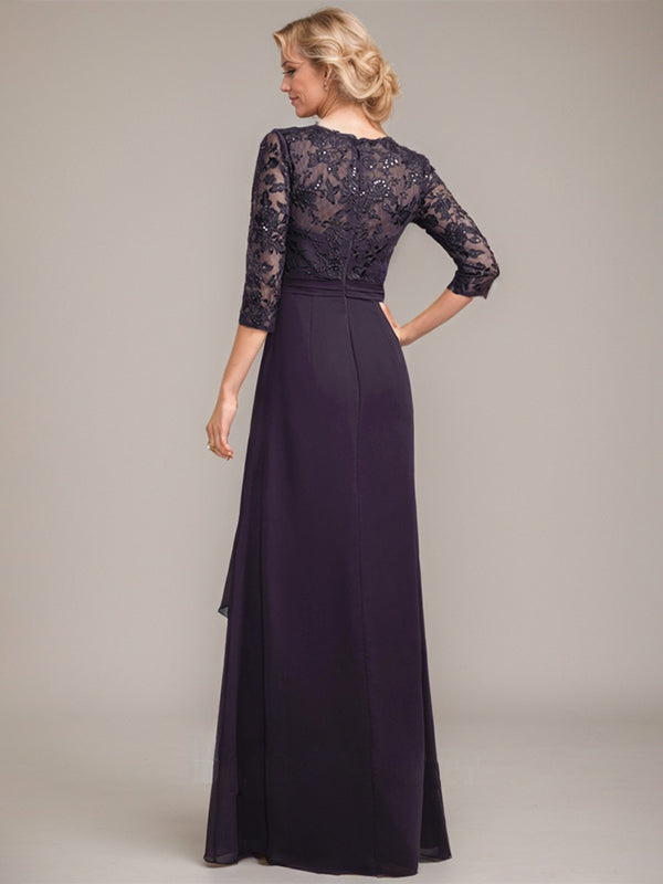 A-Linie, V-Ausschnitt, bodenlanges Chiffon-Kleid für die Brautmutter mit kaskadierenden Rüschen und Pailletten