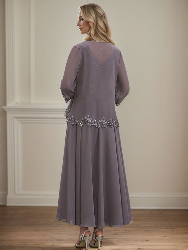 A-Linie V-Ausschnitt Knöchellang Chiffon Kleid für die Brautmutter mit Pailletten Applikationen Spitze Perlen