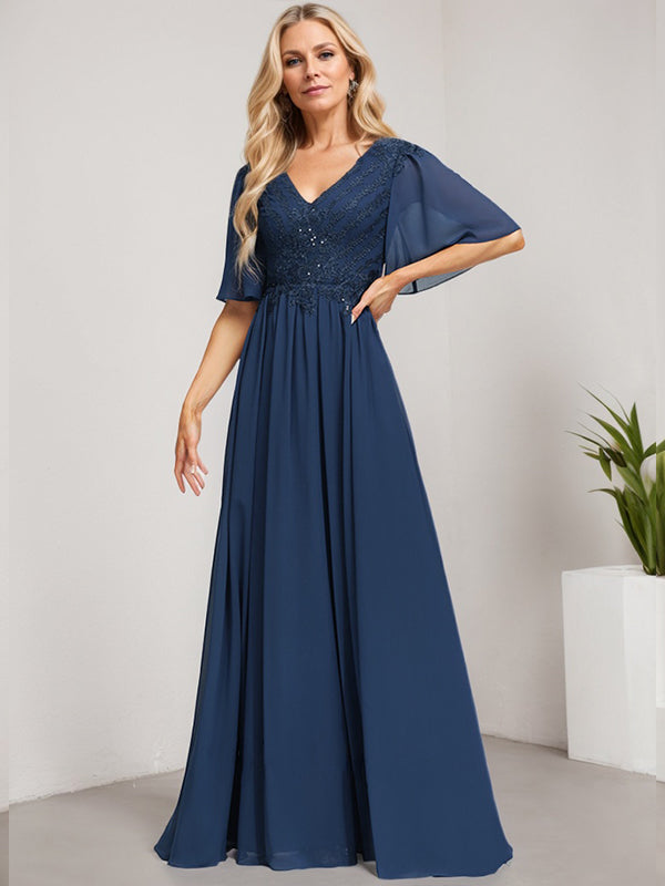 A-Linie V-Ausschnitt Bodenlanges Spitzen-Chiffon-Kleid für die Brautmutter mit Pailletten