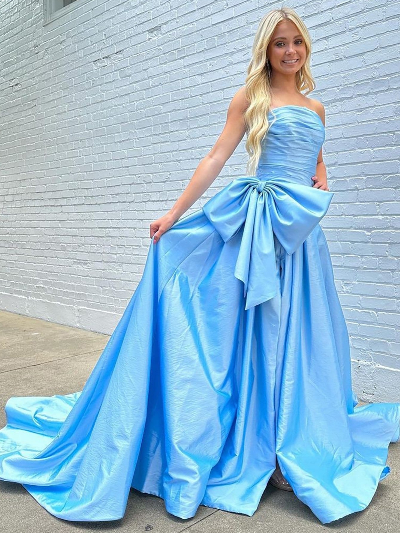 A-line Strapless Taffeta Long Prom Dress With Slit