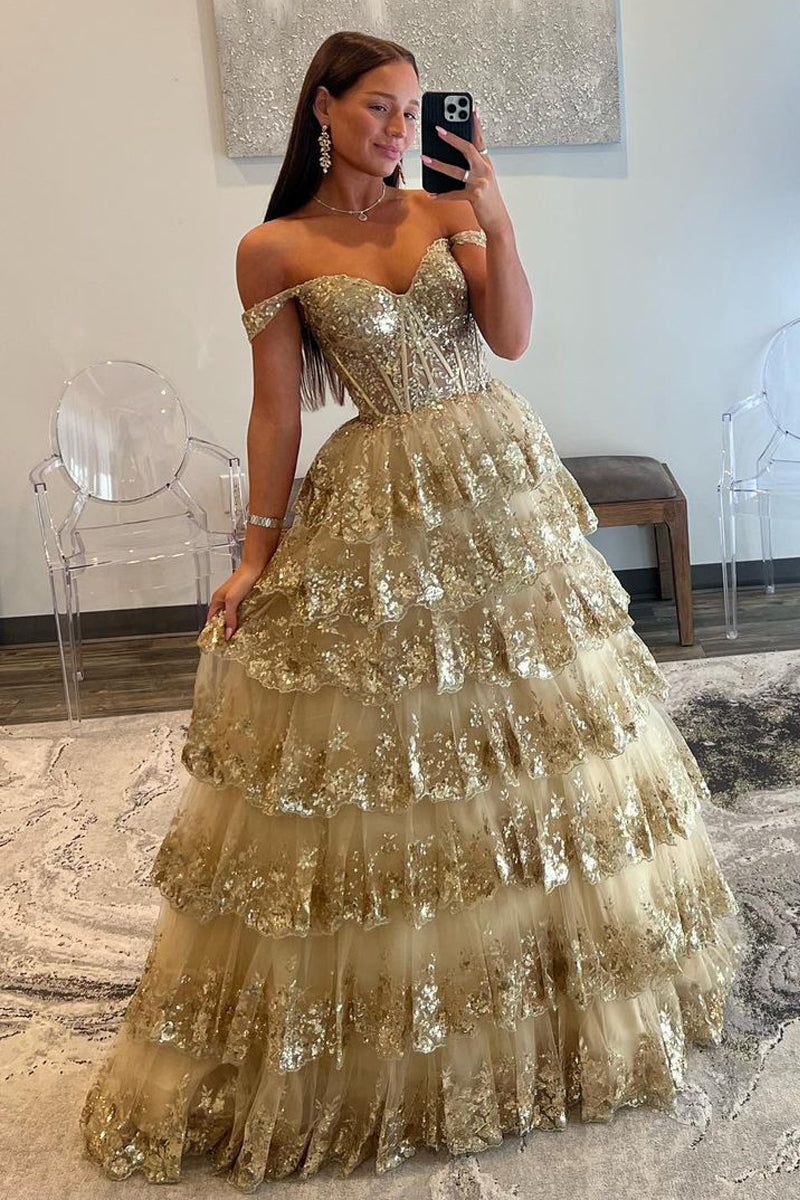 Vestido de fiesta de princesa con encaje y lentejuelas y hombros descubiertos