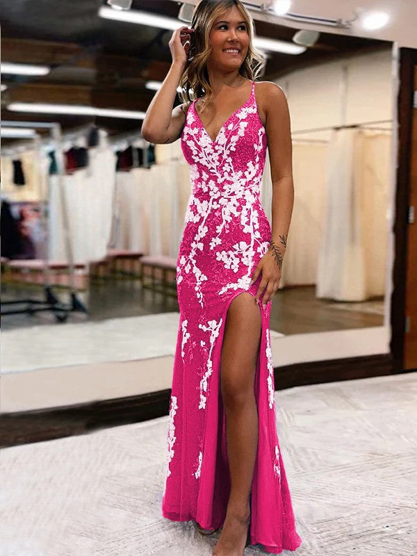 Ainhoa | Vestido de fiesta largo de encaje sirena azul brillante con abertura