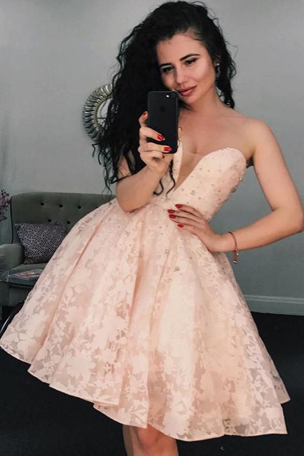 Pink Sequins Beaded Floral Sweetheart Homecoming Dress, Short Prom Dresses