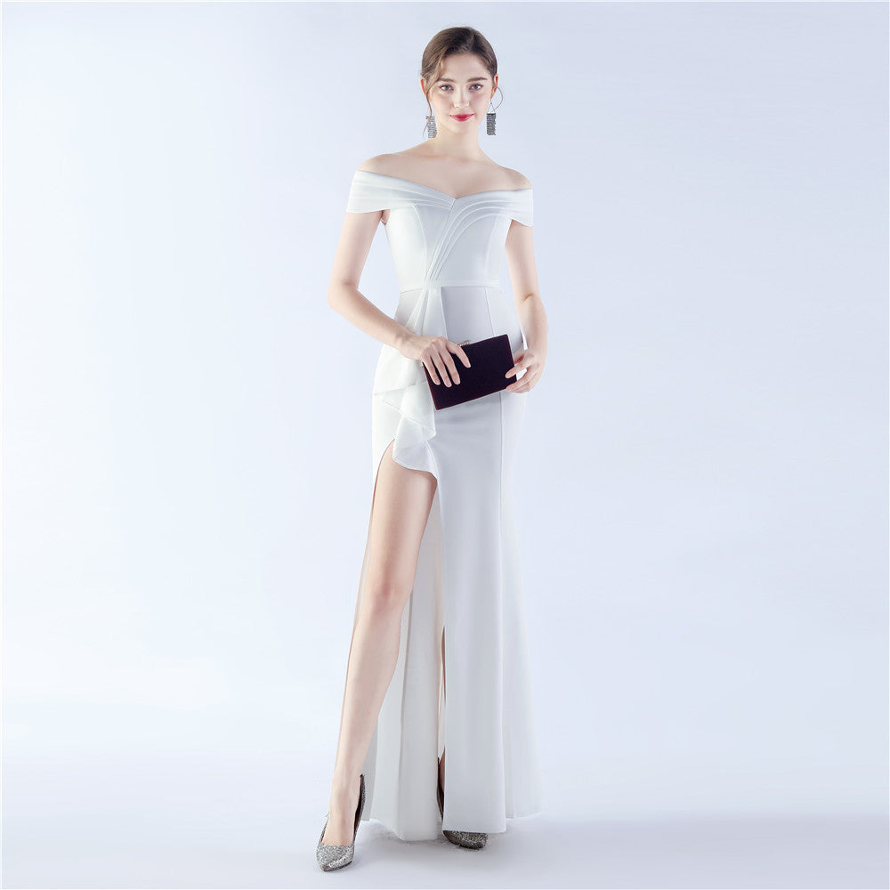 Classic Satin Off Shoulder Long Evening Dress – Elegant & Timeless