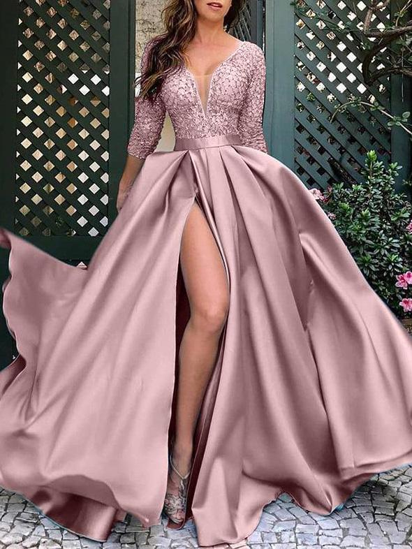 Damenkleider Bronzing V-Ausschnitt Bankett Schlitz Abendkleid