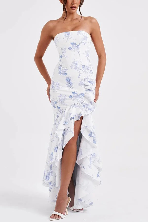 Sexy schulterfreies, schmal geschnittenes Maxikleid mit unregelmäßigem Saum