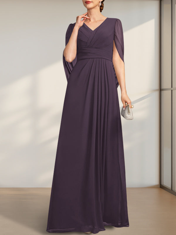A-Linie V-Ausschnitt Bodenlang Chiffon Kleid für die Brautmutter mit Plissee