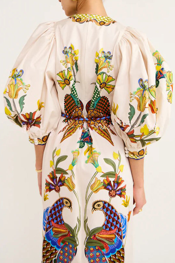 Garden Party – Unique Heaven – Lockeres Midikleid mit Puffärmeln und Vogelprint