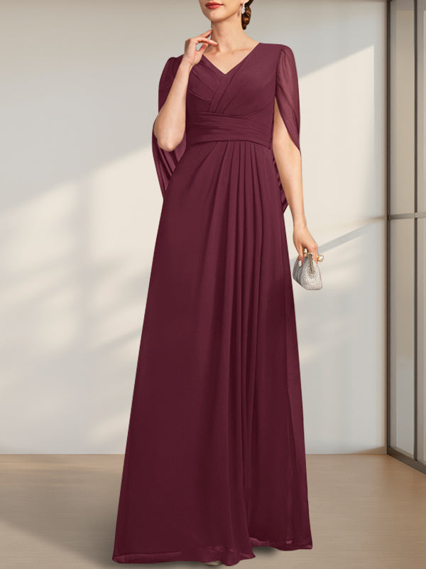 A-Linie V-Ausschnitt Bodenlang Chiffon Kleid für die Brautmutter mit Plissee